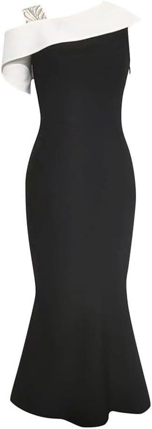 Sexy Slant Shoulder Ruffle Dress Color Block Sleeveless Slim Fit Dresses for Women