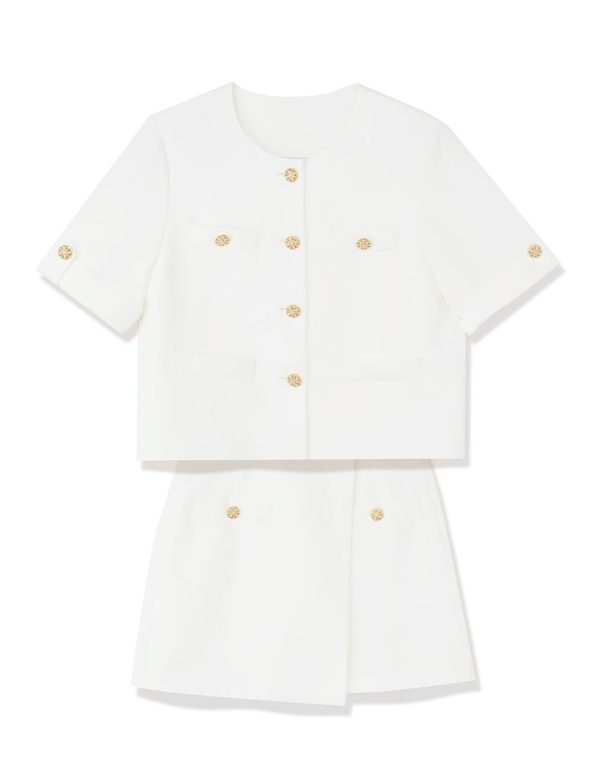 Women's 2 Piece Suit Sets White Acetate Short Sleeve Blazer Jacket and Skirt Shorts Business Casual Outfits