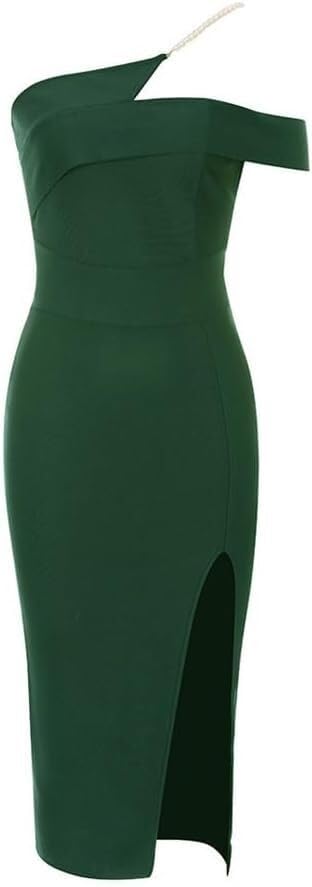 Modern Classic Green Slant Shoulder Side Split Slim Fit Dress Womens Sexy Backless Bodycon Party Dress