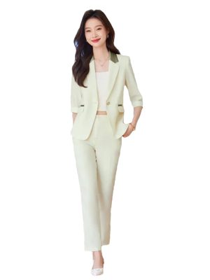 Women Black Beige Patchwork Jacket and Suits Pants Spring Summer Office Lady Elegant 2 Piece Sets High End Outfits