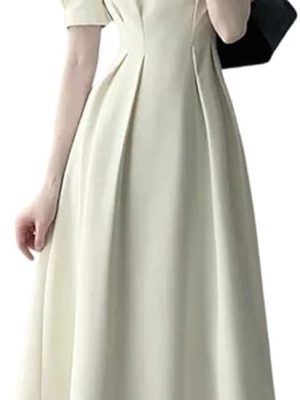 Vintage Square Neck Swing Dress for Women Solid Color Slim Waist Elegant Casual Fashion Outfit