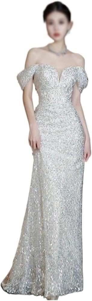 Elegant Flat Shoulder Slim Fit Evening Gown for Women Formal Toasting Banquet Long Dress