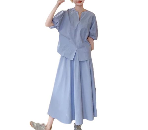 Women's French Style Summer 2-Piece Set Elegant V-Neck Short Sleeve Shirt and High Waist Skirt Outfit