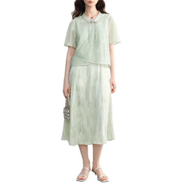 Women's Chinese Style 2 Piece Outfit Stand Collar Sleeveless Top and Skirt Set Summer Oriental Fashion Suit