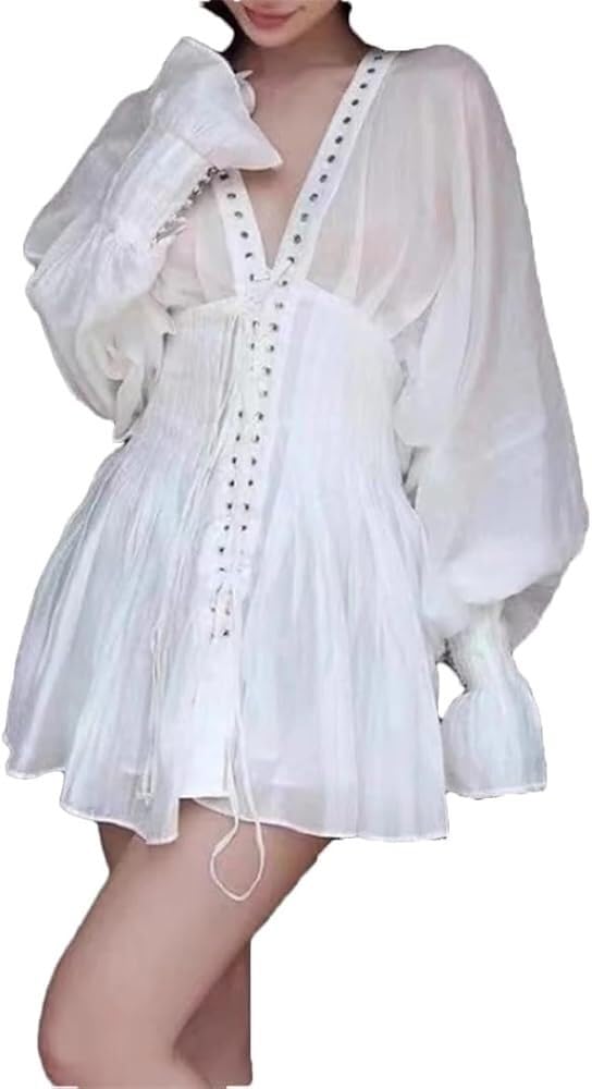 Modern Summer Minimalist Mini Dress Women V Neck Lace Up Casual Everyday Dress