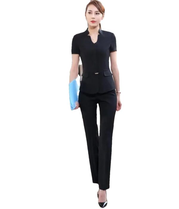 Women Summer Business Pant Suit Formal Slim Short Sleeve V Neck Blazer and Trousers Office Ladies Work Wear Uniform