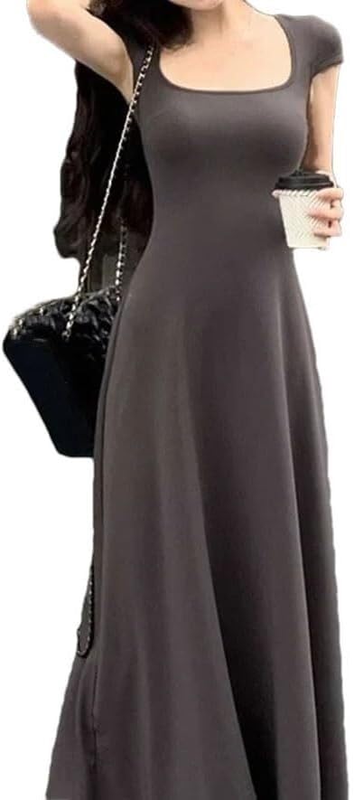 Sexy Square Collar Slim Fit Dress for Women Summer Short Sleeve Elegant Party Long Dresses