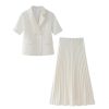 Women's Elegant Romantic Short Sleeve Blazer Skirt Set Lapel Buttoned Suit Pleated Skirt Set