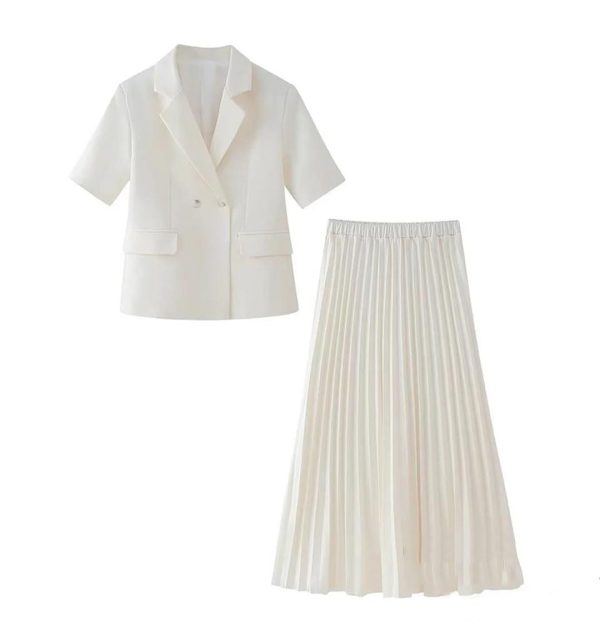 Women's Elegant Romantic Short Sleeve Blazer Skirt Set Lapel Buttoned Suit Pleated Skirt Set