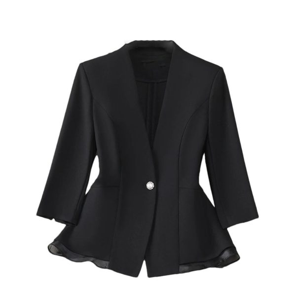 Women Elegant Black White Blazer Ruffle Slim Fit Half Sleeve Formal Office Top Work Jacket