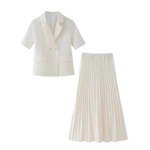 Women's Elegant Romantic Short Sleeve Blazer Skirt Set Lapel Buttoned Suit Pleated Skirt Set