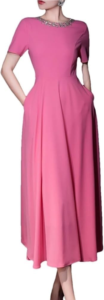 Women’S Skirt Summer Diamonds Round Neck A Line Short Sleeve Solid Dresses Fashion Evening Party Long Dress