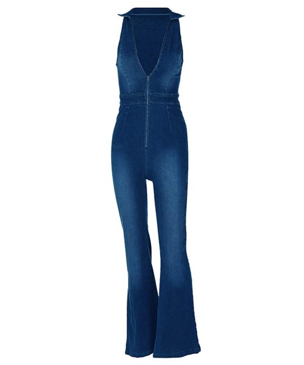 Denim Jumpsuit for Women Sexy Slim Fit Zipper Sleeveless V-Neck High Waist Fashion Jean Pants Rompers