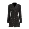Women Spring Autumn Double Breasted Diamond Black Blazer Coat Slim Suit Jacket
