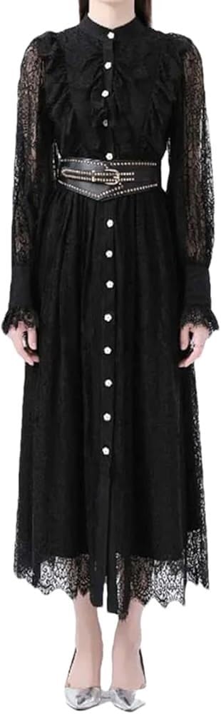 Vintage Lace Midi Dress Women O Neck Puff Sleeves Empire Waist Hollow Out A Line Single Breasted Dress