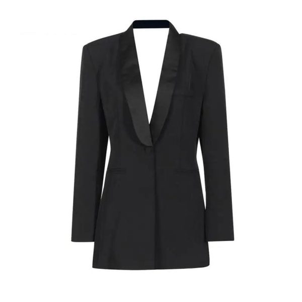 41lRgnVNf8L.jpg Women Autumn Single Button Backless Full Sleeve Ladies Black Blazer Coat Long Suit Jacket