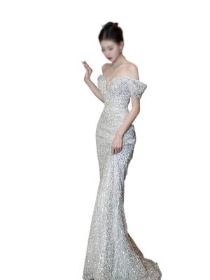 Elegant Flat Shoulder Slim Fit Evening Gown for Women Formal Toasting Banquet Long Dress