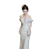 Elegant Flat Shoulder Slim Fit Evening Gown for Women Formal Toasting Banquet Long Dress