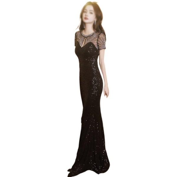 Elegant Round Neck Black Sequin Cocktail Dress Women Formal Party Evening Dress