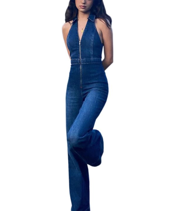 Denim Jumpsuit for Women Sexy Slim Fit Zipper Sleeveless V-Neck High Waist Fashion Jean Pants Rompers