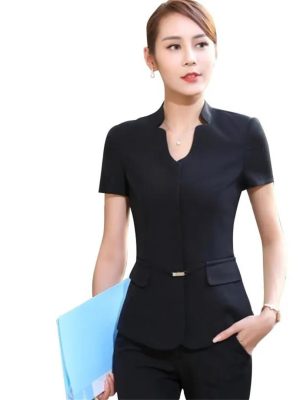Women Summer Business Pant Suit Formal Slim Short Sleeve V Neck Blazer and Trousers Office Ladies Work Wear Uniform