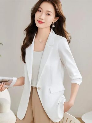 Women Spring Summer Professional Slim Half Sleeve Jacket Office Work Coat Tops White Blazer