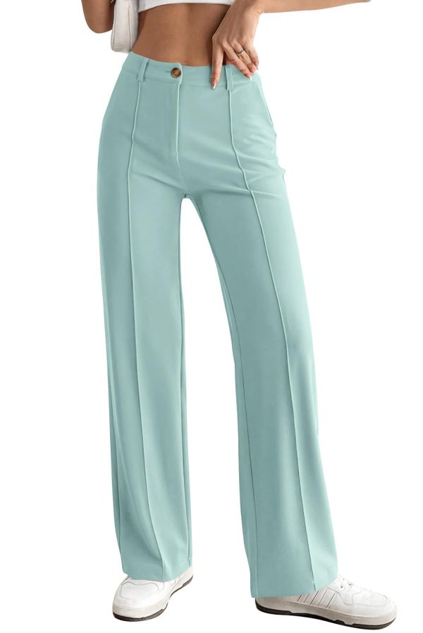 Straight Leg Pants Stretchy Button Business Casual Work Trousers Knit Elastic Waist Slacks