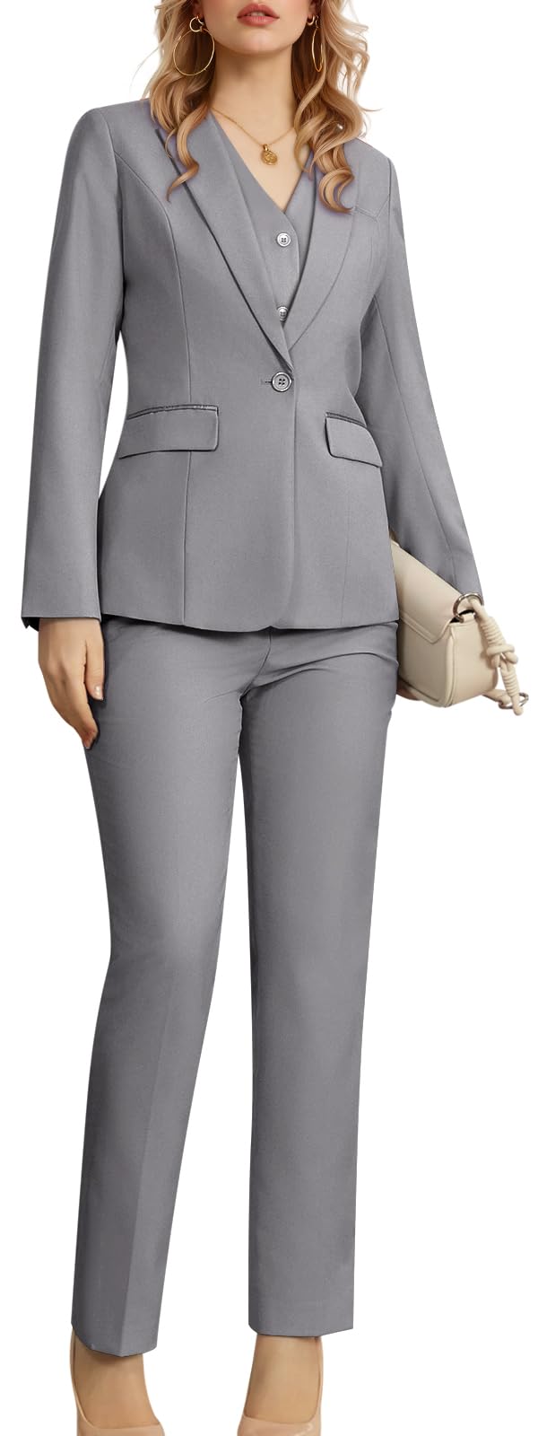 Women's 3 Piece Suit Lady Business Casual Office One Button Slim Fit Blazer Jacket Vest Pants Set