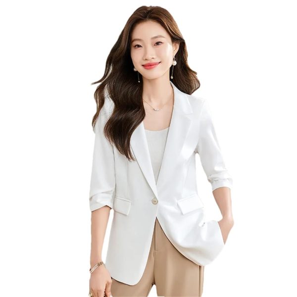 Women Spring Summer Professional Slim Half Sleeve Jacket Office Work Coat Tops White Blazer