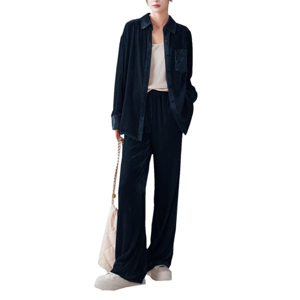 Women's Silky Velvet Suit - Contrast Trim Shirt & Wide-Loose Pants Elegant Style