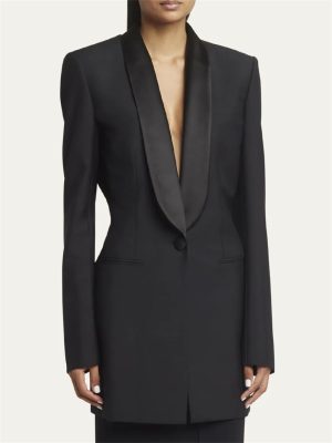 Women Autumn Single Button Backless Full Sleeve Ladies Black Blazer Coat Long Suit Jacket