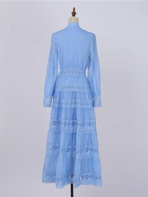 Women's Muslim Wedding Guest Dress Long Sleeve Cotton Lace Embroidery Plain Maxi Bridesmaid Evening Dress