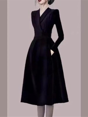 Women's Notched Suit Midi Dress - Office Lady Slim Black Long Sleeve