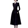 Women's Notched Suit Midi Dress - Office Lady Slim Black Long Sleeve