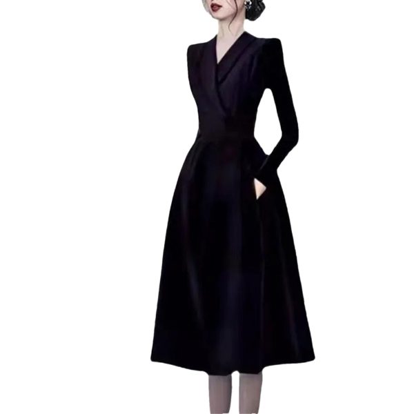 Women's Notched Suit Midi Dress - Office Lady Slim Black Long Sleeve