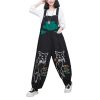 Women Loose Vintage Streetwear Wide Leg Jumpsuits Denim Overalls Spliced Black Cartoon Printed Jumpsuits