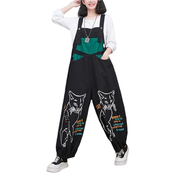 Women Loose Vintage Streetwear Wide Leg Jumpsuits Denim Overalls Spliced Black Cartoon Printed Jumpsuits