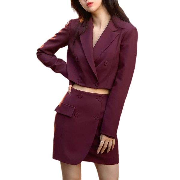 515CP9-3lPL.jpg Spring Summer Stylish Blazer Suits Sets Women Crop Coat High Waist Pocket Mini Skirts Outfit Suits