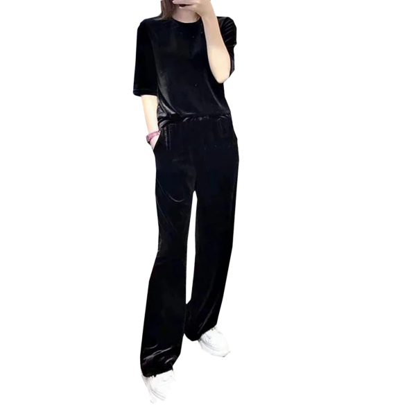 Plus Size Women's Velvet Set - Short Sleeve Top & Straight Leg Pants Premium Relaxed Fit