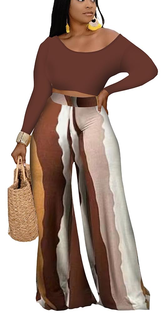 2 Piece Outfits for Women Sexy Backless Long Sleeve Crop Top High Waist Wide Leg Long Pant Sets Tracksuit Printed Set