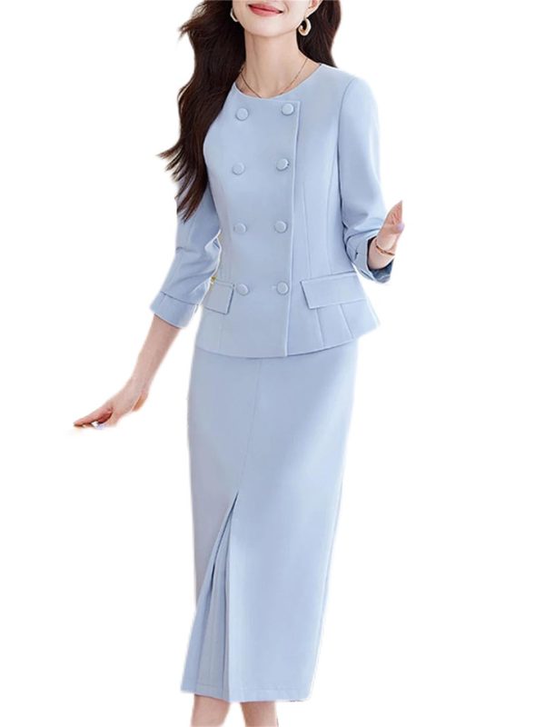 Women Commuting Office Half Skirt Two Piece Set Slim Fit Double Breasted Long Sleeved Half Skirt Set