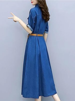 Women’S Office Fashion Denim Dress Summer Slim Fit Round Neck Short Sleeve A Line Belted Dress for Vacation