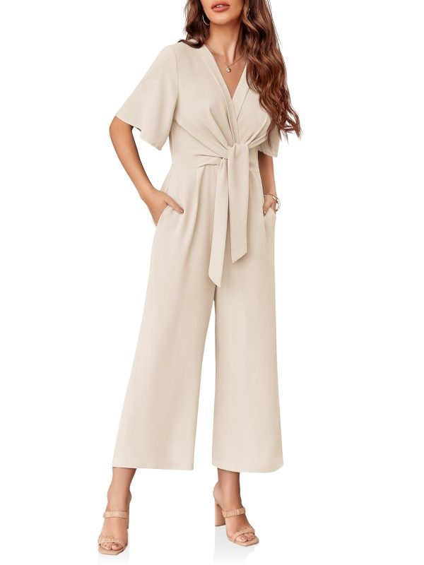 Womens Wide Leg Jumpsuits Short Sleeve Tie Knot Front Summer Long Romper