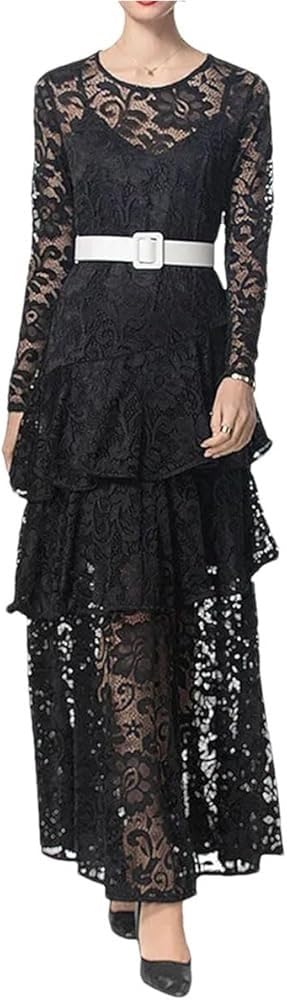 French Long Sleeved Lace Hollow Out Dress Summer Slim fit Casual Flowing Long Skirt Elegant Women’s Cocktail Prom Evening