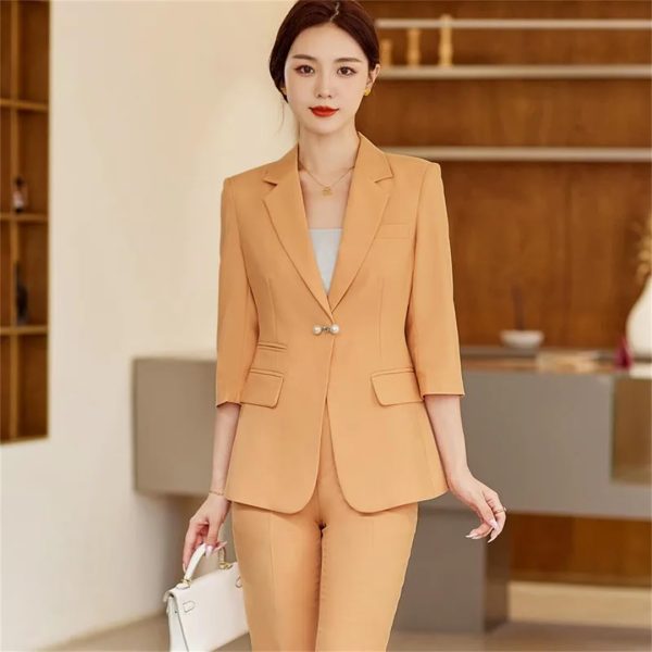 Women Summer Temperament Style Professional Slim Blazer and Pants Two Piece Sets Office Work Wear Yellow Suits