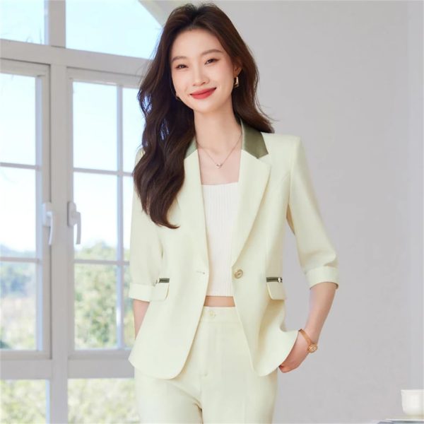 Women Black Beige Patchwork Jacket and Suits Pants Spring Summer Office Lady Elegant 2 Piece Sets High End Outfits