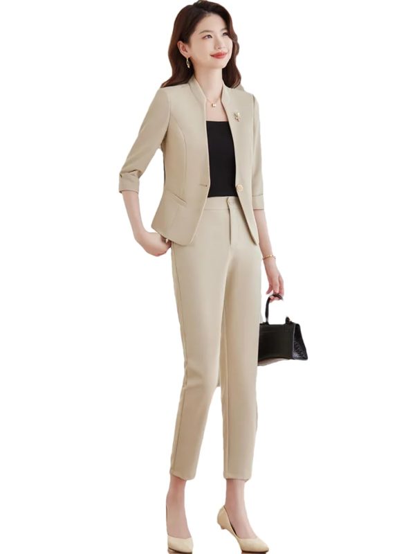 Women Summer High End Thin Temperament Half Sleeve Slim Blazer and Pants Office Ladies Work Wear Suits