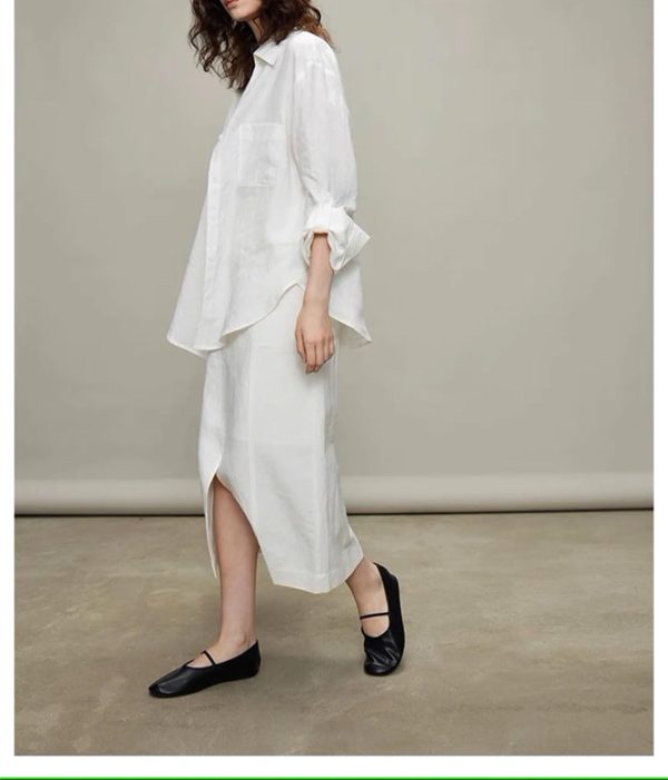 Women's Street Style Set - White Linen Shirt & Skirt Minimalist City Wear