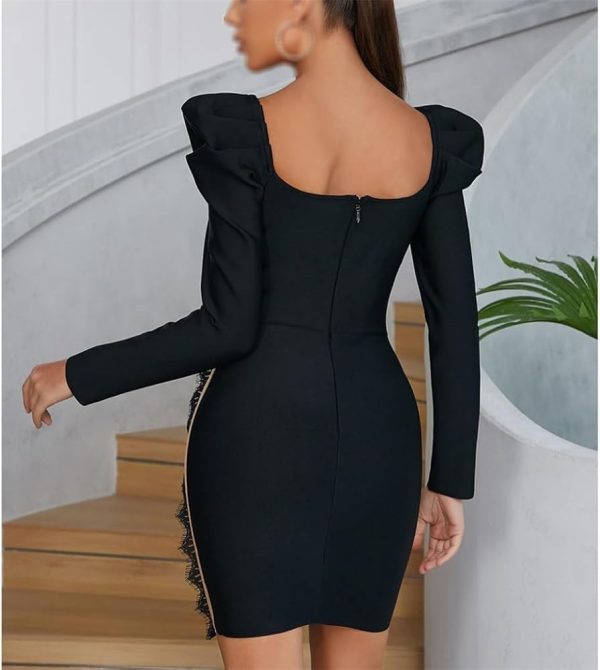 Womens Sexy Black Lace Party Dress V Neck Splicing Bodycon Evening Dinner Cocktail Dress