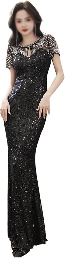 Elegant Round Neck Black Sequin Cocktail Dress Women Formal Party Evening Dress